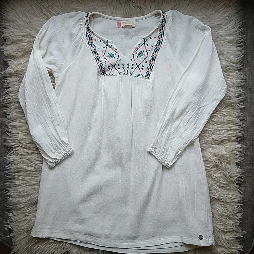 Roxy Girl's White Tunic Dress Boho Long Sleeve Soft Cotton 8